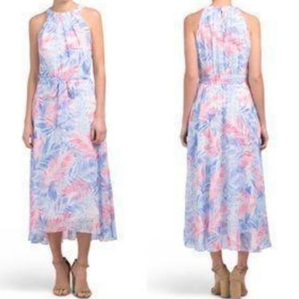 Nicole Miller New York Pastel Blue Pink Floral Print Halter Sleeveless Dress Sz6